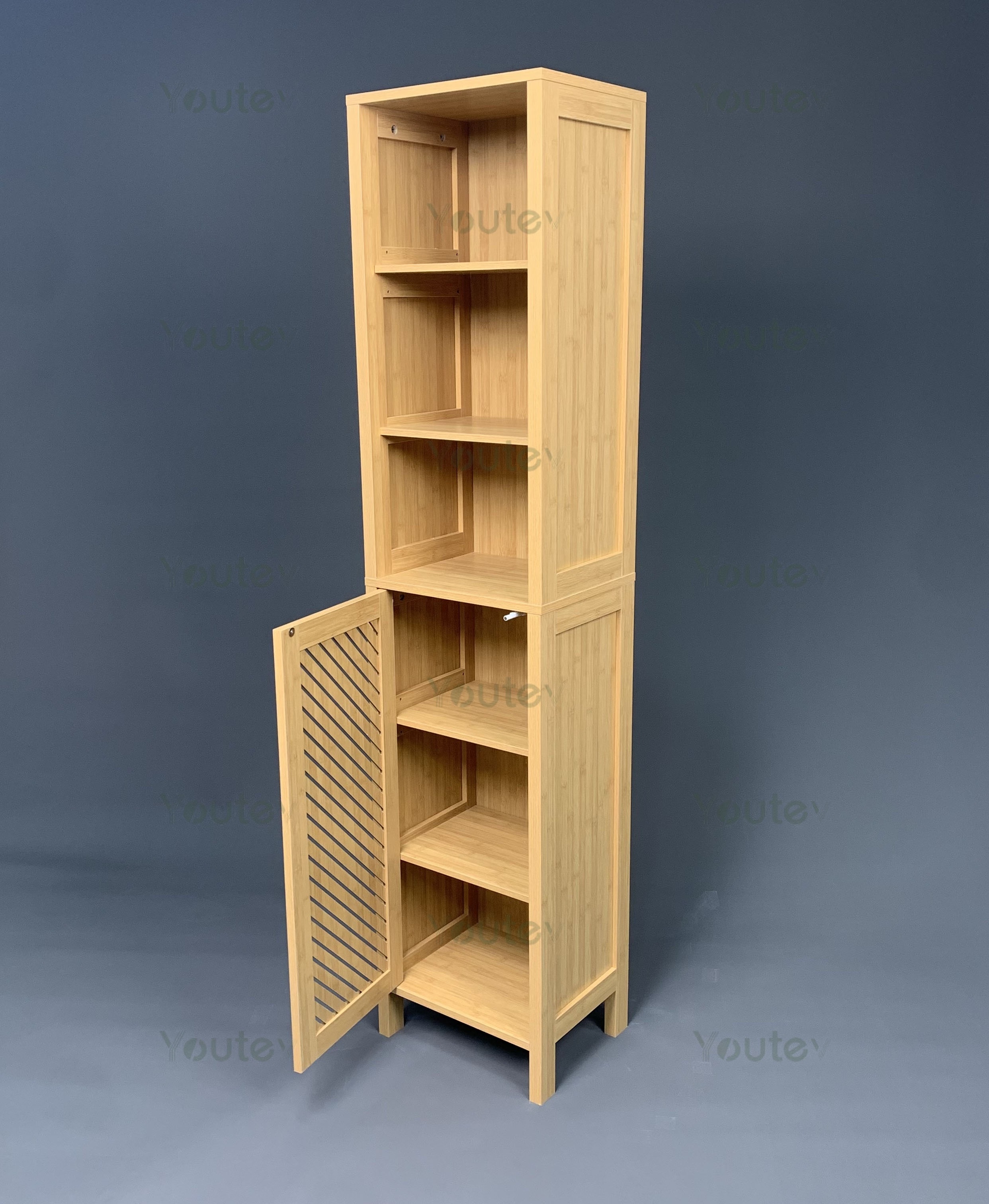 Bathroom Floor Cabinet with 3 Shelves and Slatted Door Slim and Freestanding Linen Tower with Storage