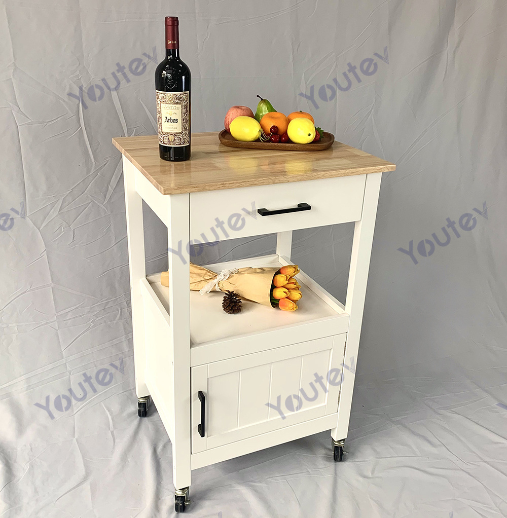 Small kitchen island on wheels with wood top and modern wine rack, trolley with open shelves and dining room storage