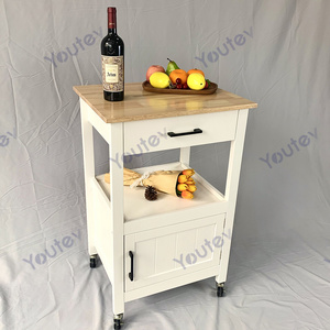 Small kitchen island on wheels with wood top and modern wine rack, trolley with open shelves and dining room storage