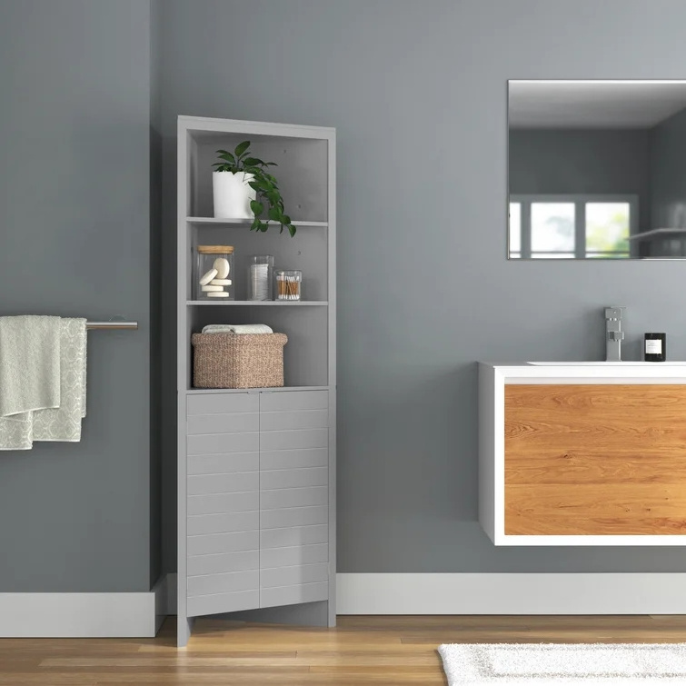 Elegant tall small custom wooden linen cabinets corner bathroom 5-tier storage shelf with door