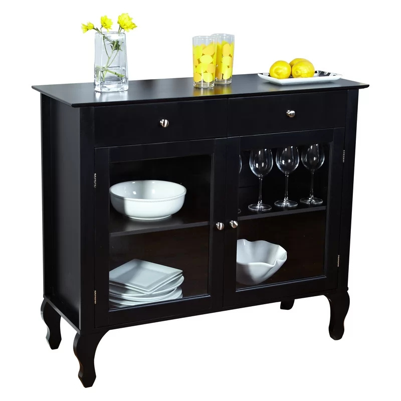 Pantry Cabinet Black Finish Kitchen Display Cabinet Luxury Wood Sideboard with glass doors