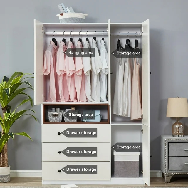 Wooden White Wardrobe Closet with 3 Door Wardrobe Armoire for with Hanging Rod & Drawers Bedroom Home Office