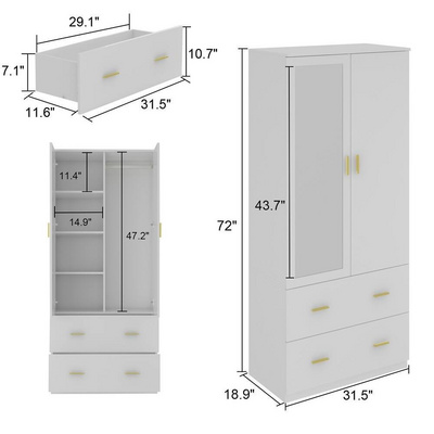 Wardrobe Bedroom Furniture with Mirror White Corner Wardrobe Closet Walk in Wardrobe Closet with Mirror Drawers and Doors