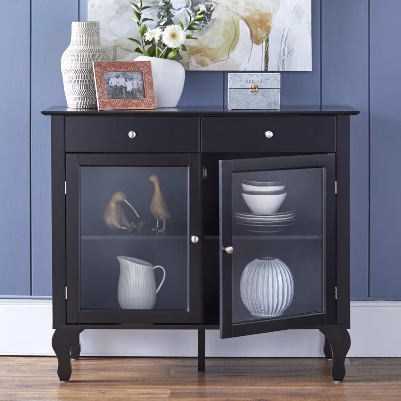 Pantry Cabinet Black Finish Kitchen Display Cabinet Luxury Wood Sideboard with glass doors