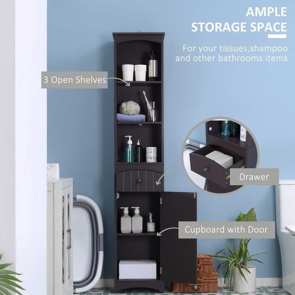 Tall Bathroom Storage Cabinet Linen Tower with Adjustable Shelves Drawer and Door Slim Corner Cupboard for Living Room