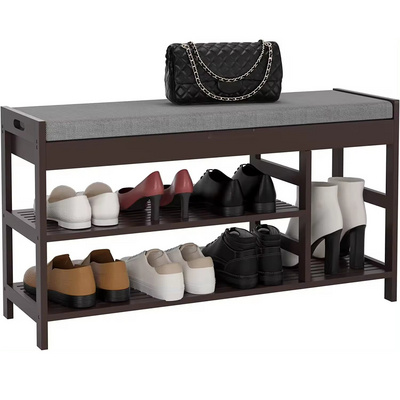 2-Tier Bamboo Shoe Bench Rack with Flip Top Storage Entryway Shoe Organizer Shelf with Padded Seat for Mudroom Bed End Stool