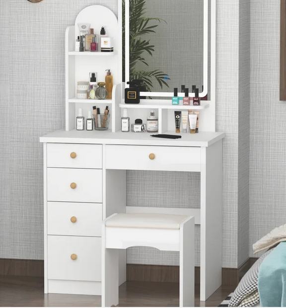 Modern Makeup Vanity Mirror Desk Wood Bedroom Nordic Dressing Table with LED Lights and Shelves