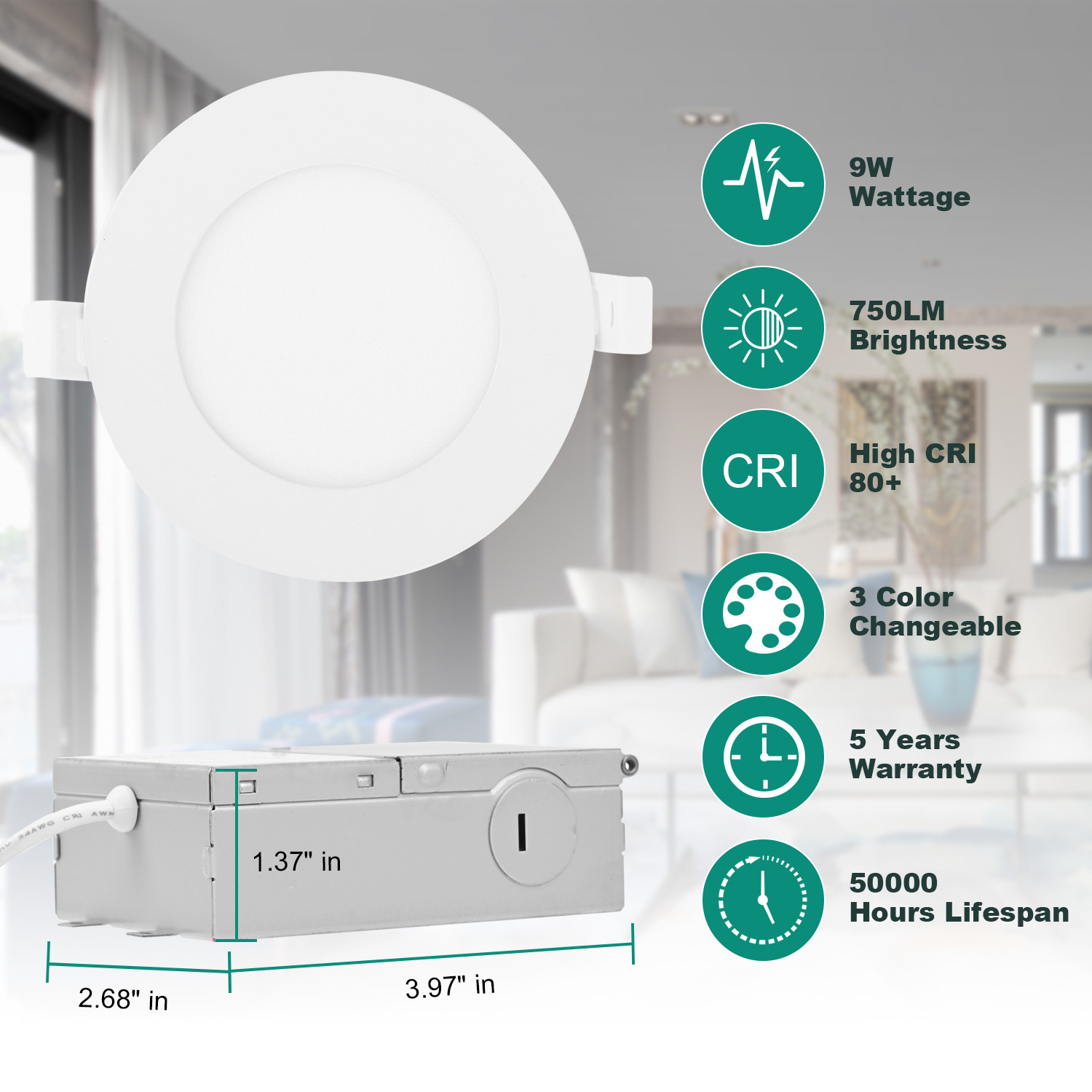 4Inch 3CCT Ultra-Thin LED Recessed Ceiling Light with Junction Box Dimmable Canless Wafer Downlight