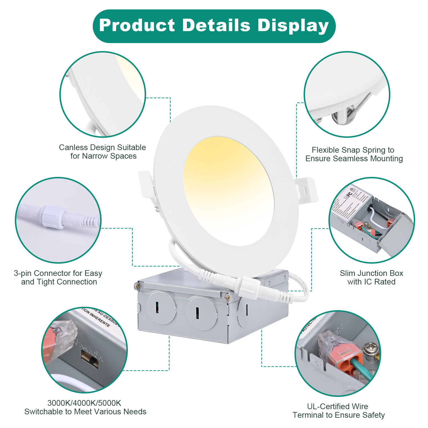 4Inch 3CCT Ultra-Thin LED Recessed Ceiling Light with Junction Box Dimmable Canless Wafer Downlight