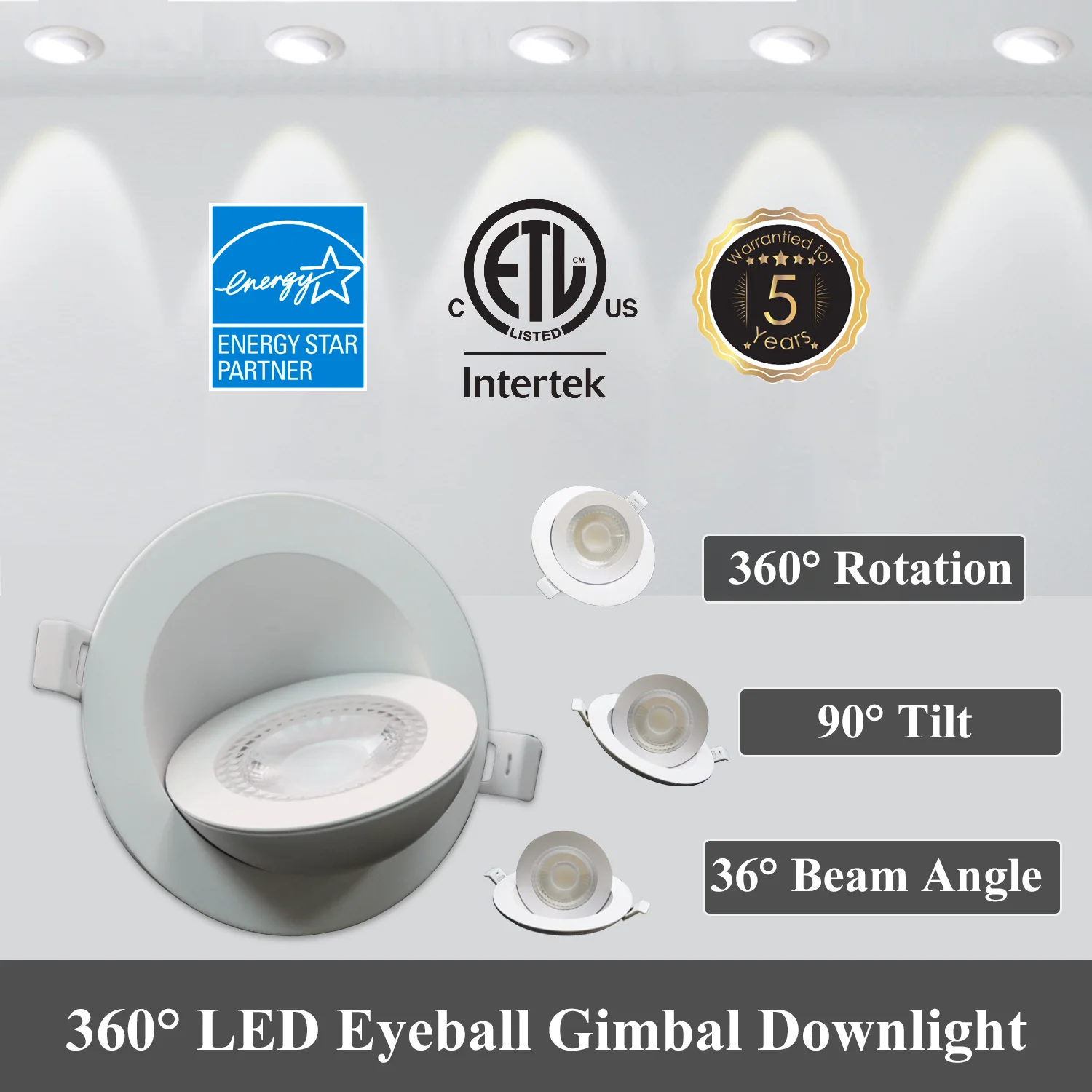 low MOQ 360 rotation 6in 12w Aluminum recessed ceiling light no flicker ETL ES dimmable 3cct eyeball gimbal down lights