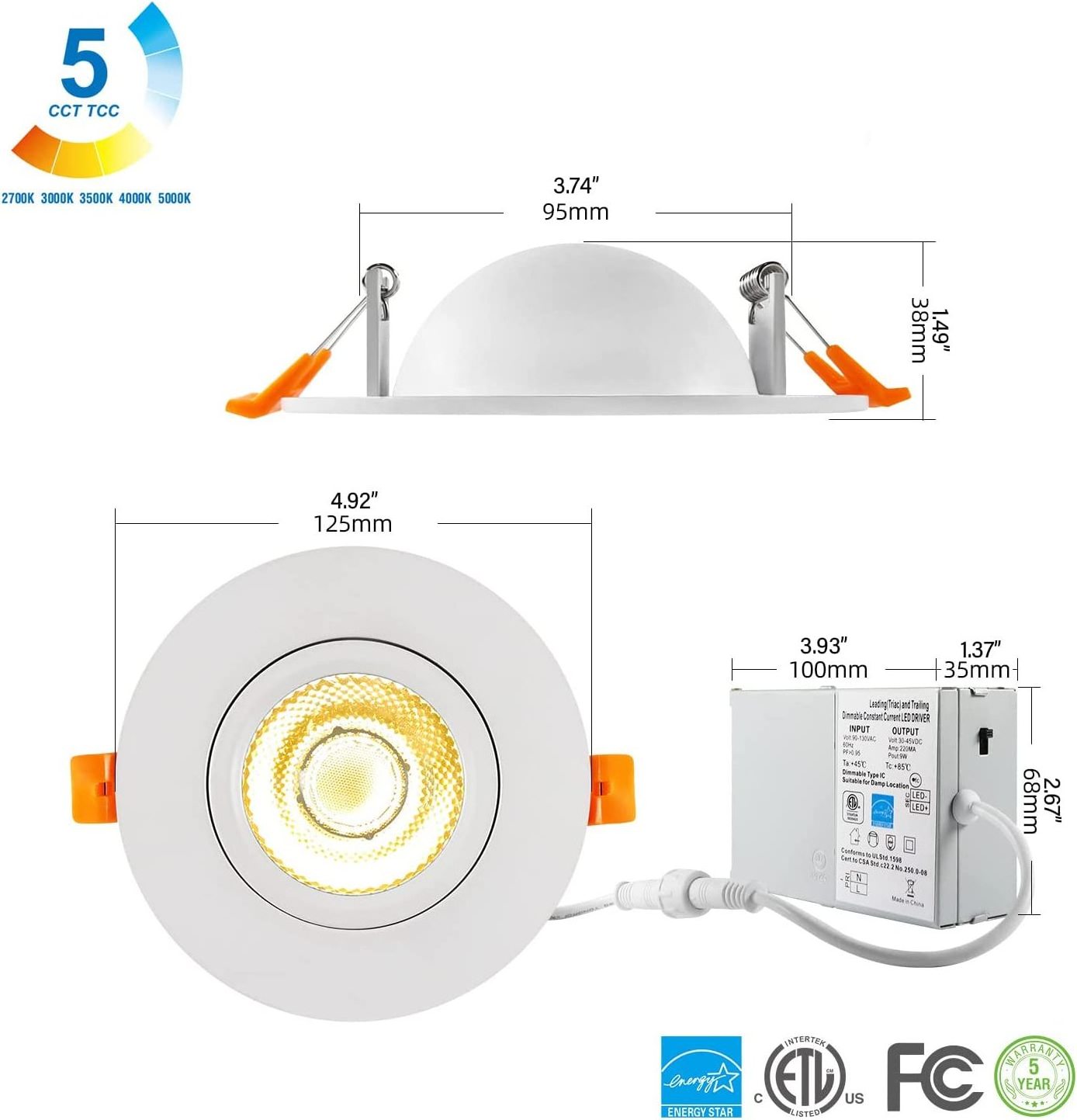 Youth Green ETL 4in 9W Gimbal Recessed Downlight 3CCT Pot Lights LED Ceiling Light