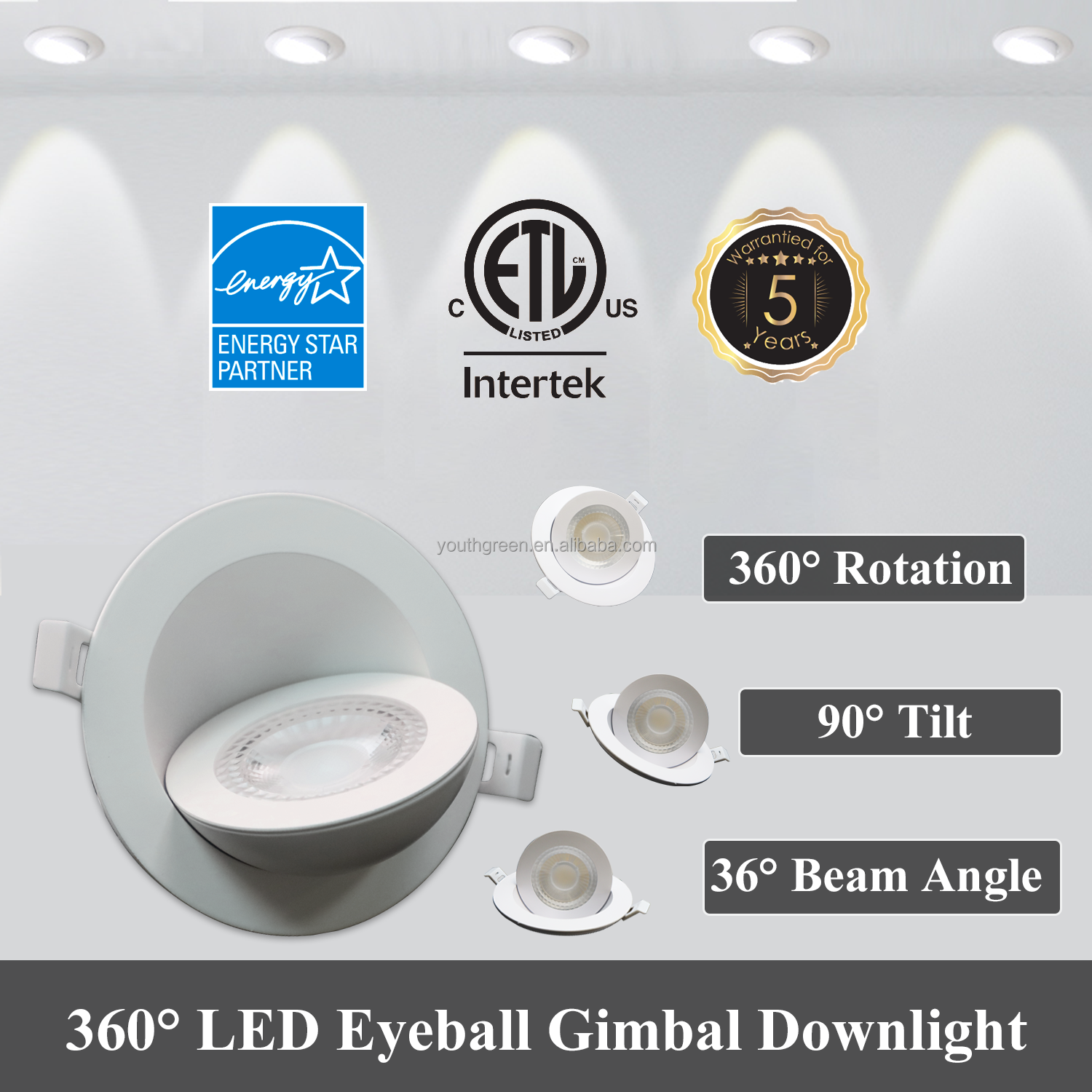 YOUTH GREEN in stock pot light 360 Rotation ETL ES certified 3CCT 3in 4in 6in recessed gimbal downlight with junction box