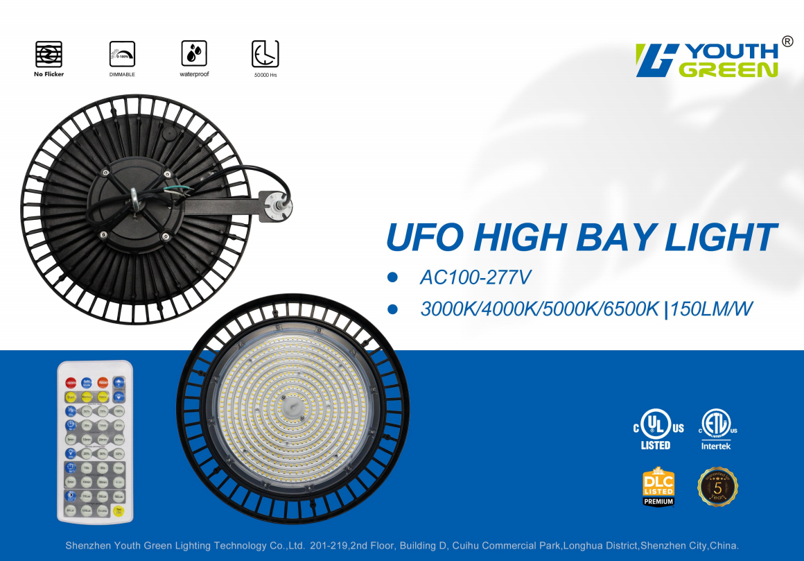 Youth Green Industrial Lighting IP65 Fixture 100W 150W 200W 240W UFO LED High Bay Light with Good Heat Dissipation