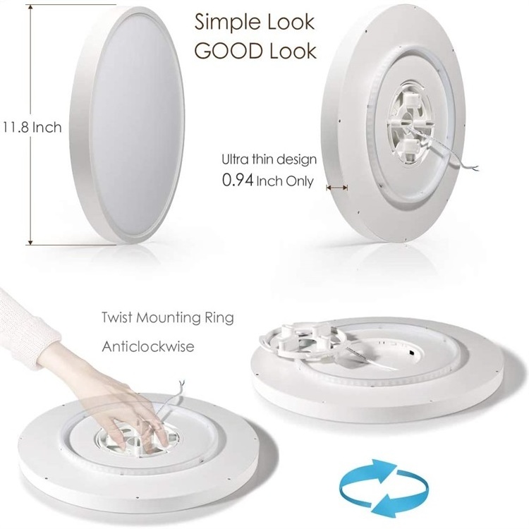 Lighting 80+CRI WH LED Round 15-Inch Slim Flush Mount Ceiling Light 30W