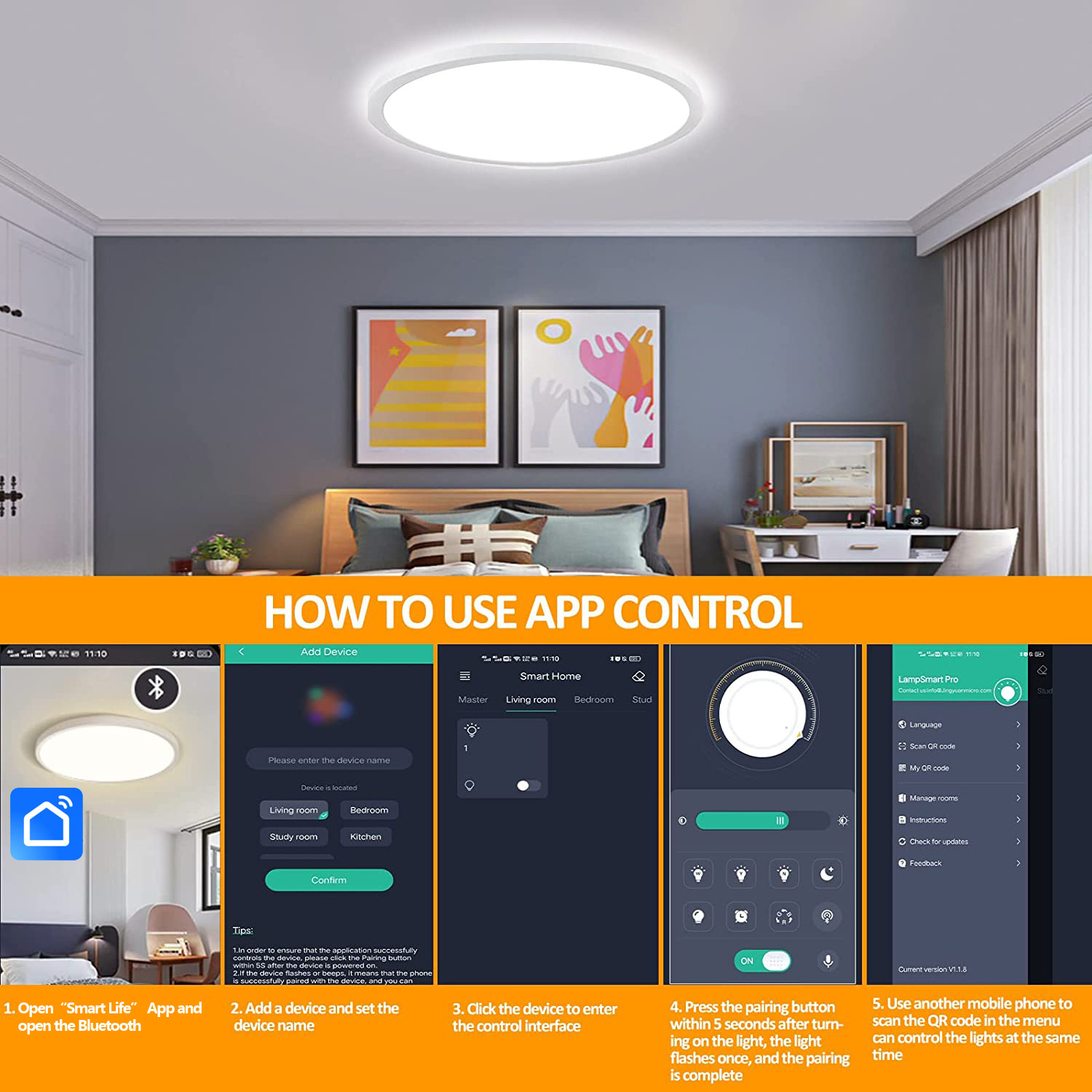 YG LED Smart Flush Mount Ceiling Lights 9/12/15 Inch WIFI Remote Control By Phone App RGBCW Color Change Dimmable 2000-6000K