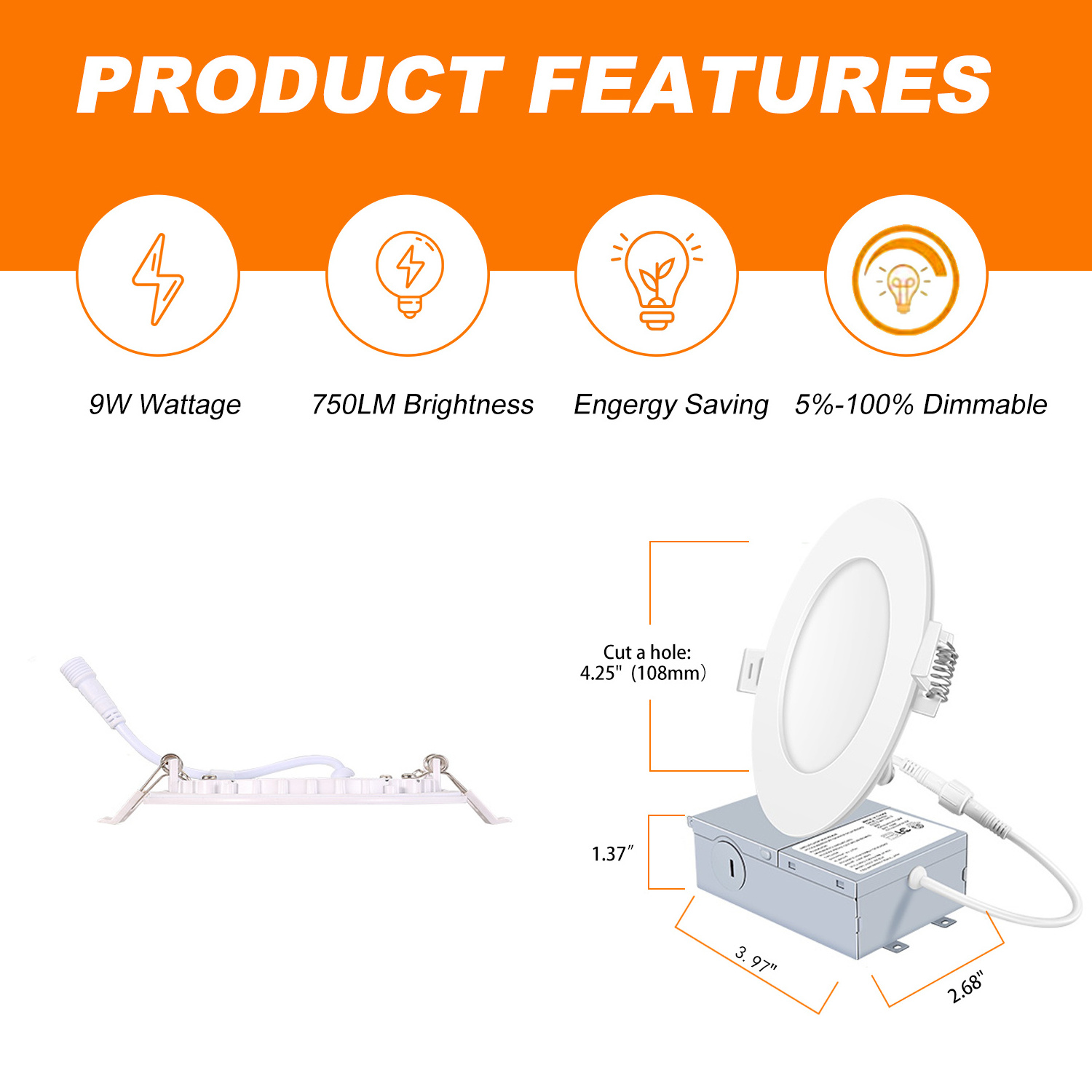 Super Thin 4Inch 9Watt Round shape LED Recessed Down Light 3CCT 5CCT Tunable Ceiling Light