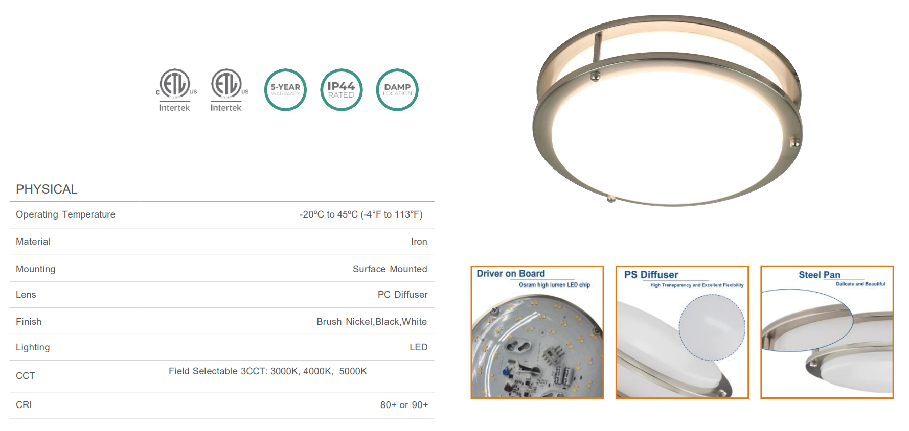 Selectable 3 CCT & Watt 5CCT 10 12 14  16 Inch High Lumen Round LED Flush Mount Drum Ceiling Fixture