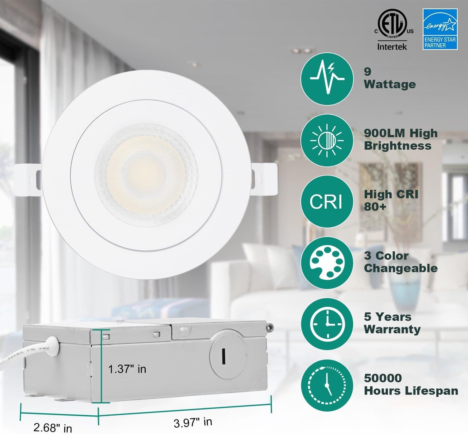 ETL CCT 360D 3 4 6 inch 6w 9w 12w Dimmable Gimbal Retrofit Led Recessed Light