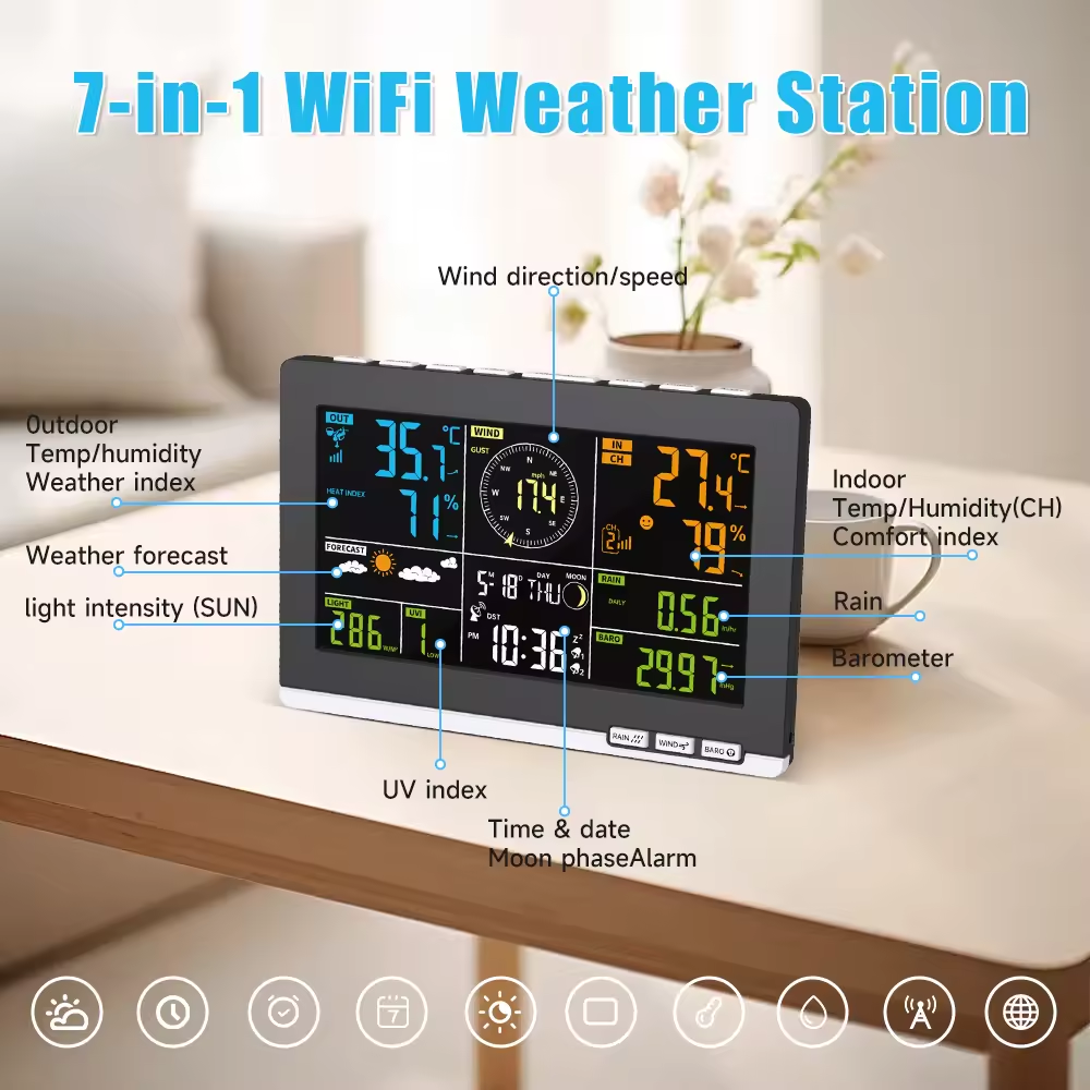 WiFi 7 in 1 Light/Wind / Rain Gauge/ Solar Panel 7 in 1 Professional home Weather Station clock with weather temperature