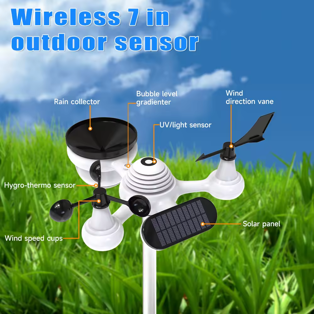 WiFi 7 in 1 Light/Wind / Rain Gauge/ Solar Panel 7 in 1 Professional home Weather Station clock with weather temperature