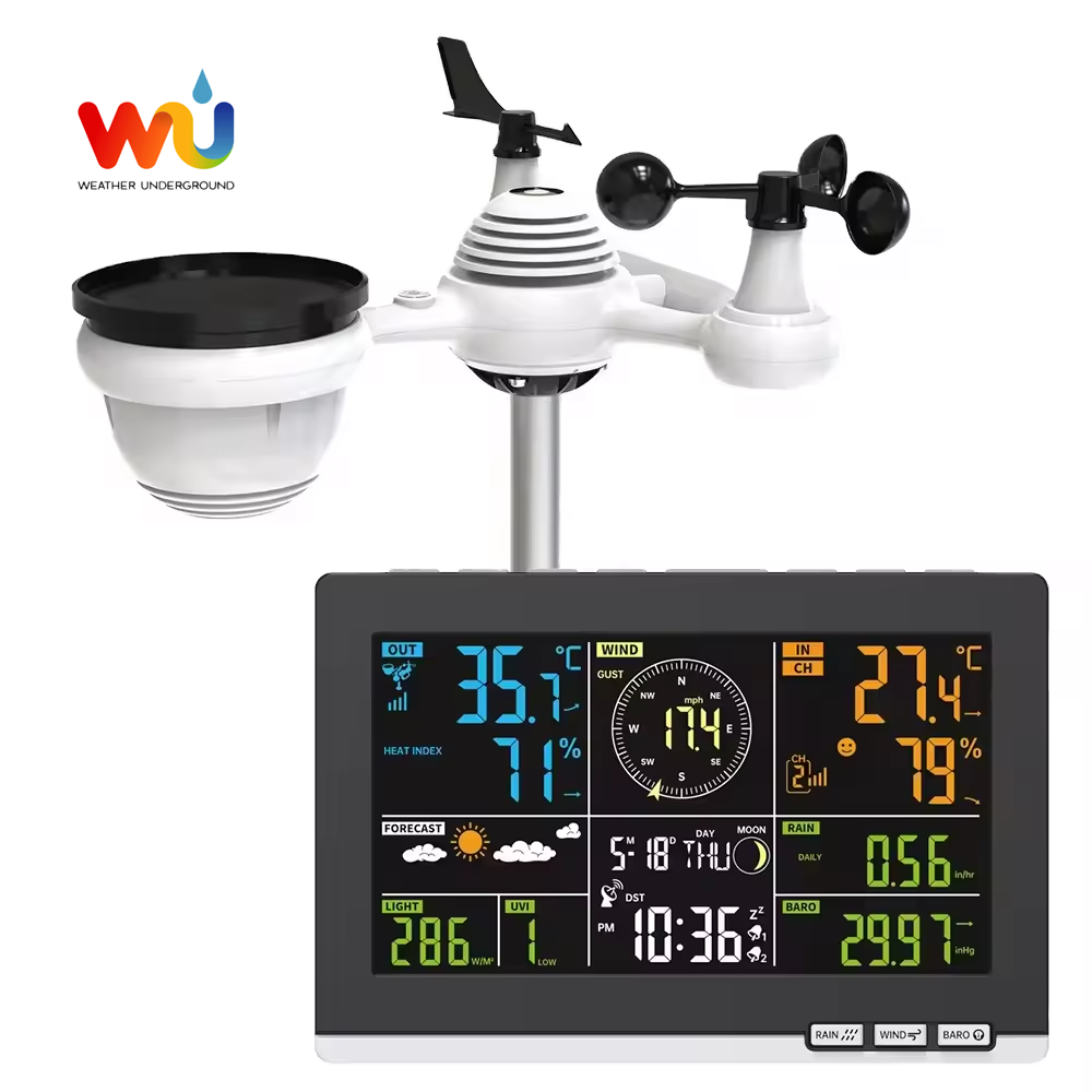 WiFi 7 in 1 Light/Wind / Rain Gauge/ Solar Panel 7 in 1 Professional home Weather Station clock with weather temperature