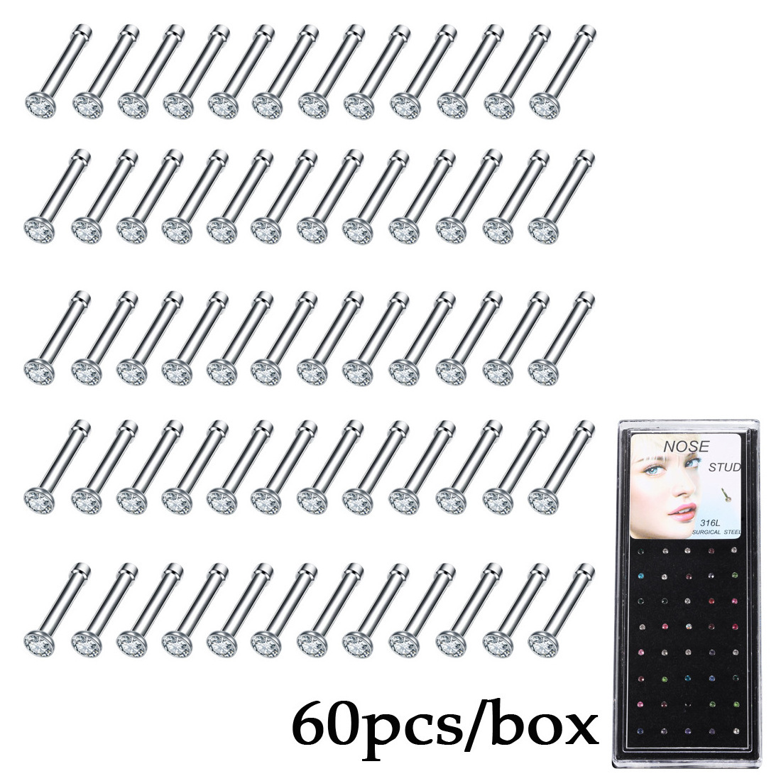 YW40/60PCS Stainless Steel Crystal Nose Pack Indian Nose Lot Piercing Set Crystal Nariz Ring Bulk Nose Piercing Stud Jewelry Set