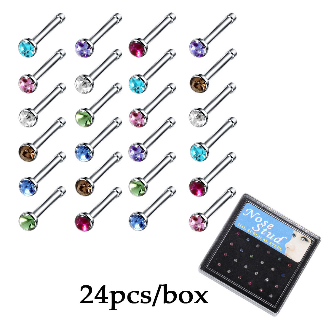 YW40/60PCS Stainless Steel Crystal Nose Pack Indian Nose Lot Piercing Set Crystal Nariz Ring Bulk Nose Piercing Stud Jewelry Set