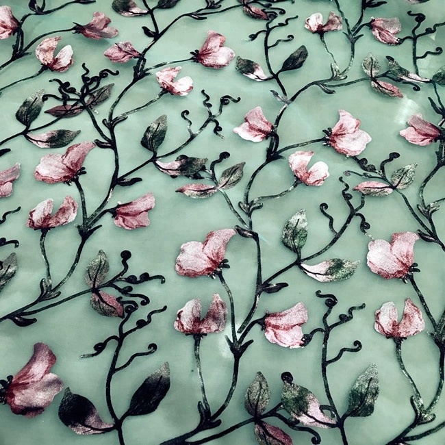 Custom Embroidery Tissue Organza Fabric For Making Dress Silk Printed Lace Edged Organza Fabric