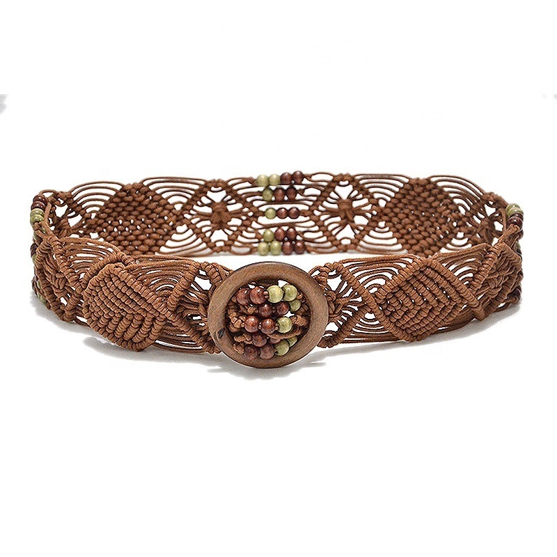 Women wax cord braided belt wooden buckle beaded weave belt ladies wooden beads wax rope mixed knit belt