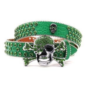 2023 New Arrival Custom logo Skull Glitter Bb Simon Belt Crystal Diamond Waist Belt Green Rhinestone Skull Belt