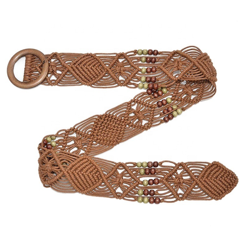 Women wax cord braided belt wooden buckle beaded weave belt ladies wooden beads wax rope mixed knit belt