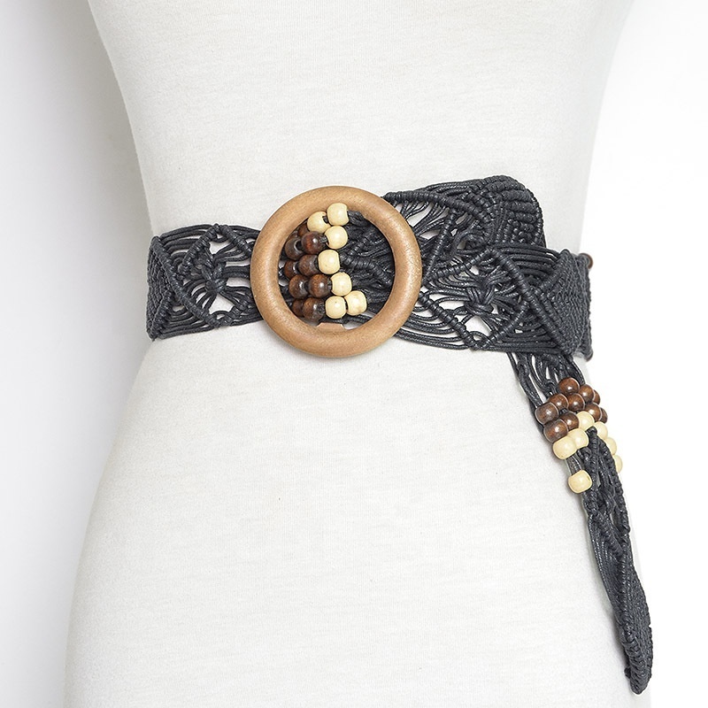 Women wax cord braided belt wooden buckle beaded weave belt ladies wooden beads wax rope mixed knit belt