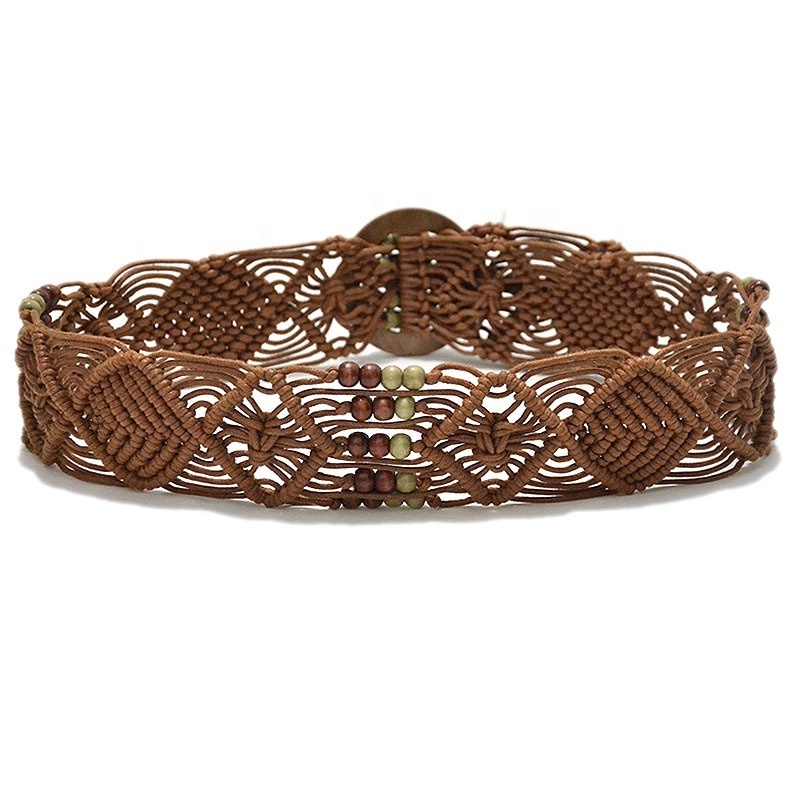 Women wax cord braided belt wooden buckle beaded weave belt ladies wooden beads wax rope mixed knit belt