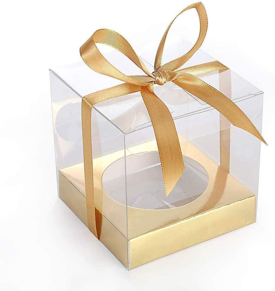 clear Square plastic Candle Box with gold base ,PVC PET party Favor packaging  Transparent Dessert Gift box with ribbon