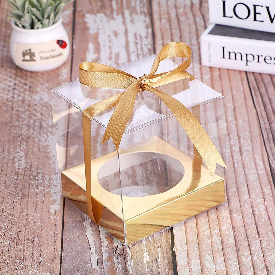 clear Square plastic Candle Box with gold base ,PVC PET party Favor packaging  Transparent Dessert Gift box with ribbon