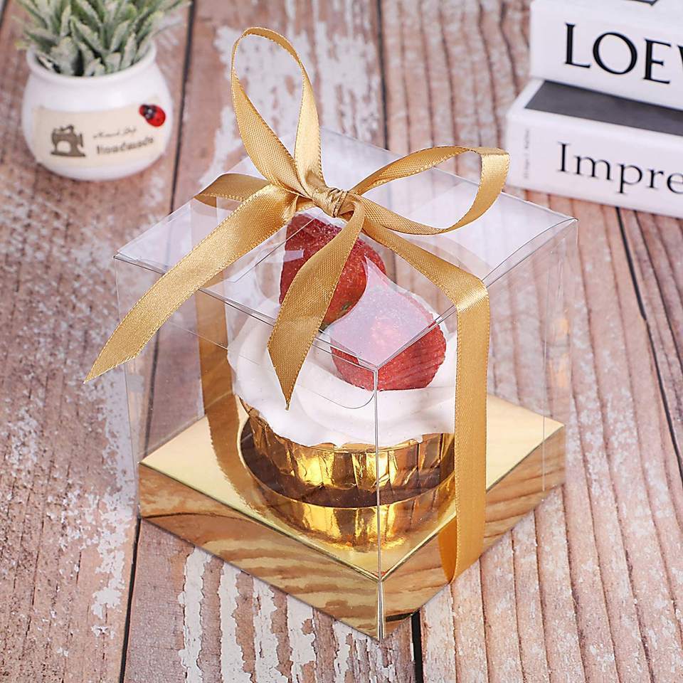 clear Square plastic Candle Box with gold base ,PVC PET party Favor packaging  Transparent Dessert Gift box with ribbon