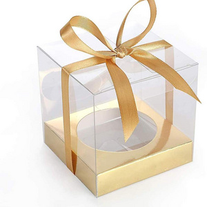 clear Square plastic Candle Box with gold base ,PVC PET party Favor packaging  Transparent Dessert Gift box with ribbon