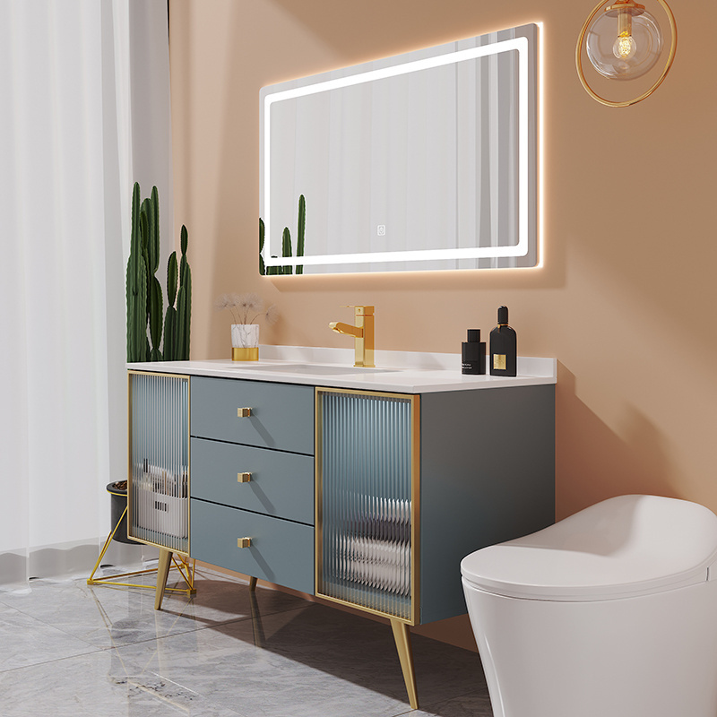 Sonsill euro style luxury solid wood floor mount blue bathroom cabinet furniture hotel bathroom vanity with smart mirror