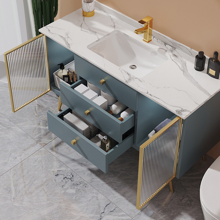 Sonsill euro style luxury solid wood floor mount blue bathroom cabinet furniture hotel bathroom vanity with smart mirror