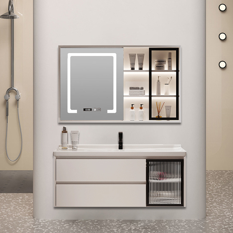 SONSILL Top Grade Wholesale Wall Mounted White High Glossy painting PVC Ceramic Basin Bathroom Vanity with Mirror