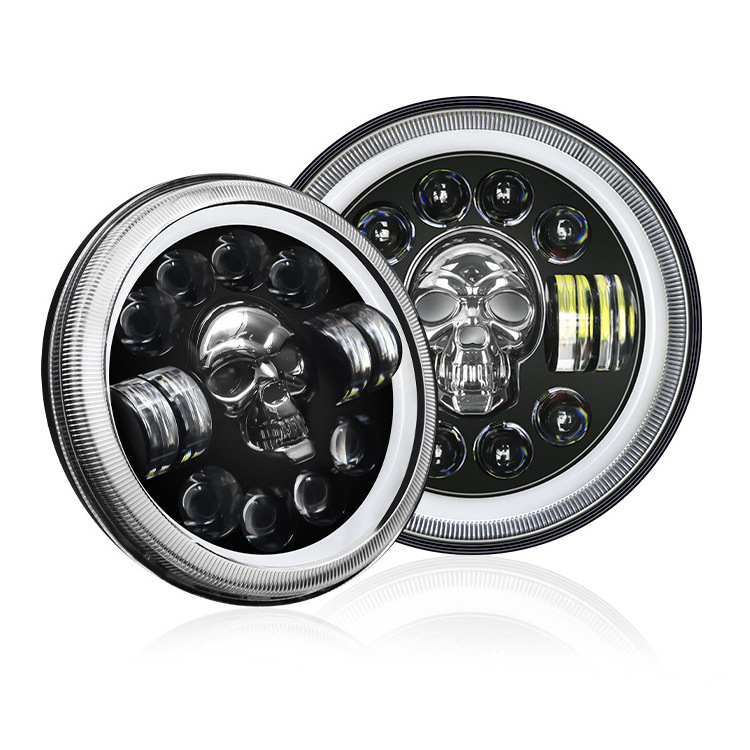 7 Inch Round LED Headlamp Automatic Turning Changes Motorcycle skull Headlights Hi/Lo Beam RGB H4 Halo Head Lights