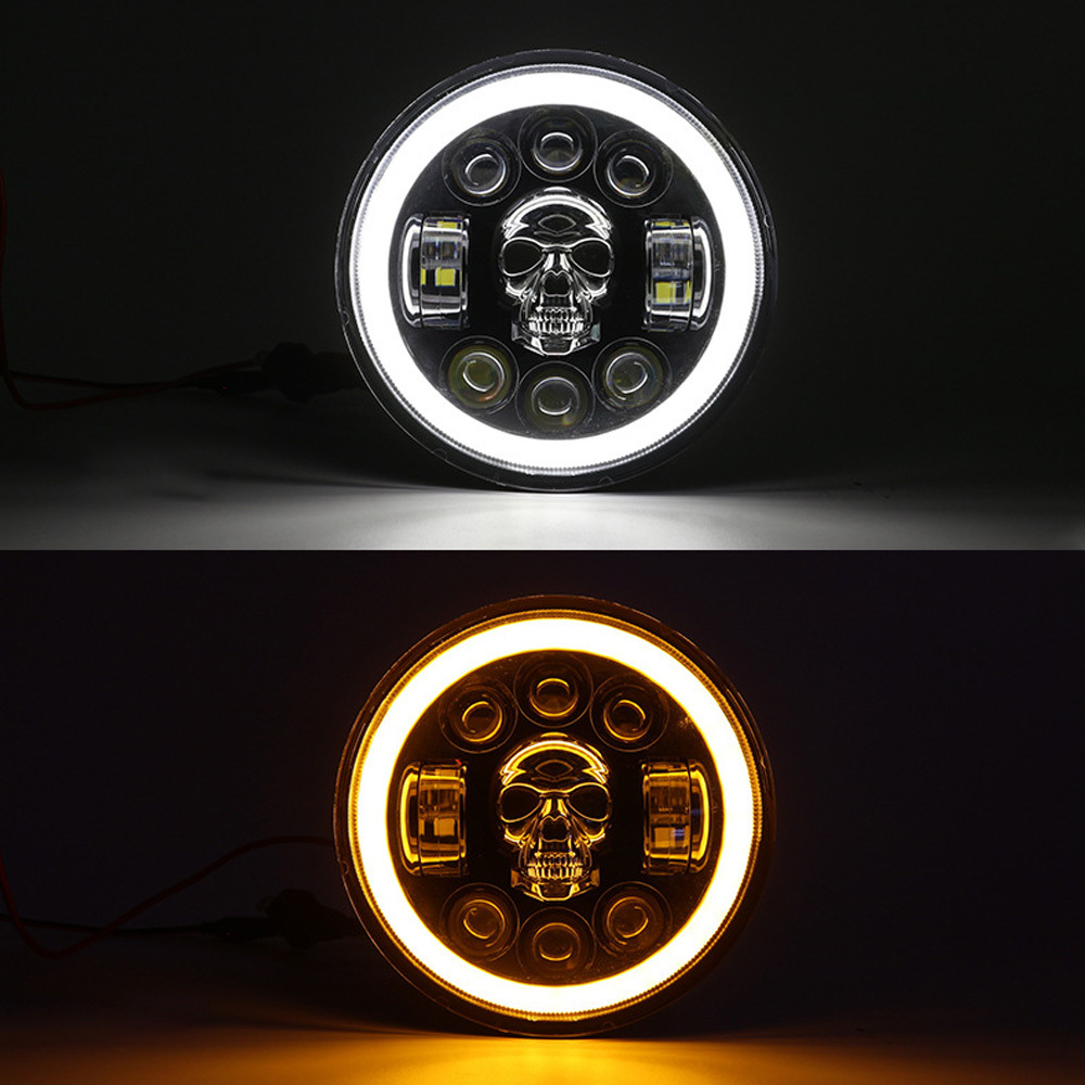 7 Inch Round LED Headlamp Automatic Turning Changes Motorcycle skull Headlights Hi/Lo Beam RGB H4 Halo Head Lights