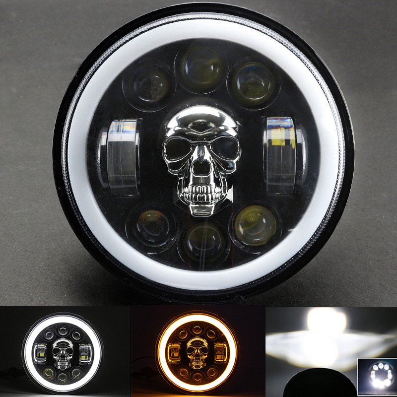 7 Inch Round LED Headlamp Automatic Turning Changes Motorcycle skull Headlights Hi/Lo Beam RGB H4 Halo Head Lights