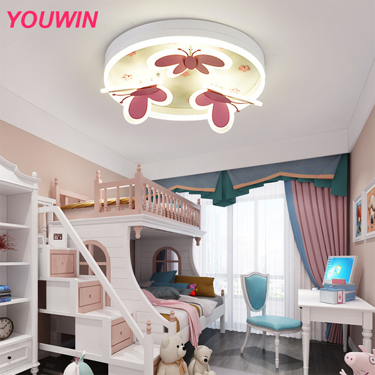 Youwin Nordic Children Bedroom Ceiling Lamp Butterflies Pink Finishing LED Pendant Light for Girls Room Kids Bedroom Study Room