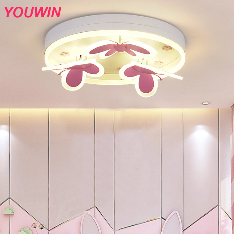 Youwin Nordic Children Bedroom Ceiling Lamp Butterflies Pink Finishing LED Pendant Light for Girls Room Kids Bedroom Study Room