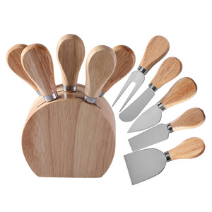 Cheese knife with storage holder Stainless steel cheese tool Rubber wood handle cheese knife 5-piece set