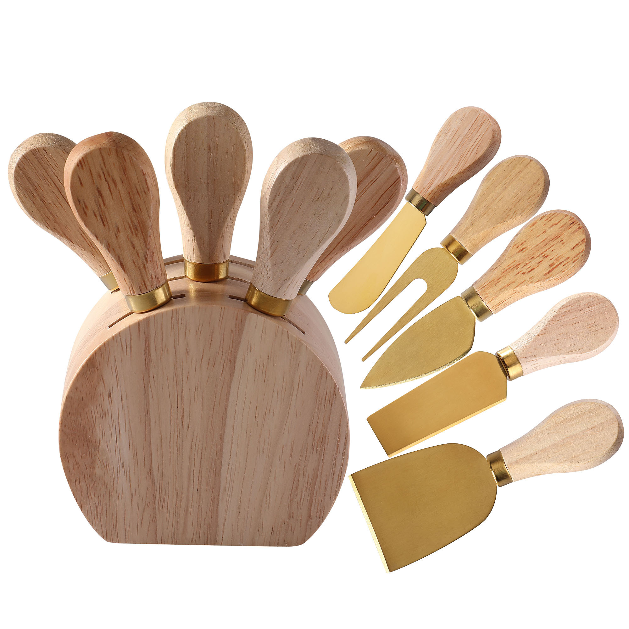 Cheese knife with storage holder Stainless steel cheese tool Rubber wood handle cheese knife 5-piece set