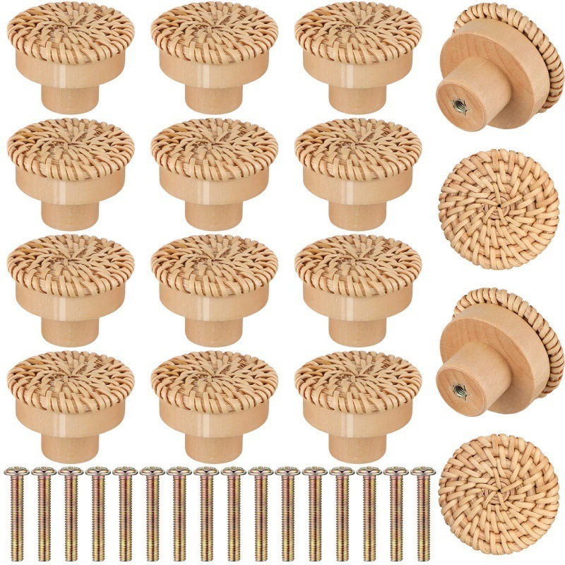 Hoone Wholesale Boho Rattan Wood Knobs Wooden Handmade Woven Wicker Kitchen Drawer Wardrobe Cabinet Pull Handles