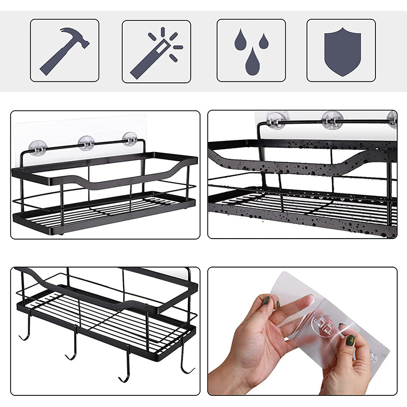 Y35 Fashion shower caddy adhesive bathroom shelf wall organizer black stainless steel bathroom shower shelf organizer