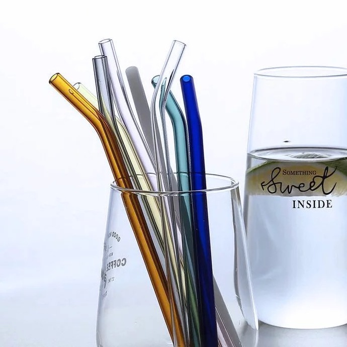 Reusable drinking glass straws with crystals